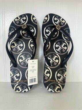 NEW Tory Burch Black Logo Flip Flops - Size 7 *NWT*